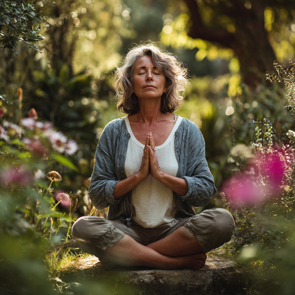 Mature woman practicing peaceful yoga meditation in natural garden setting