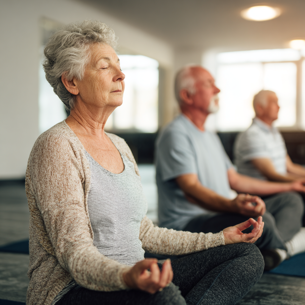 Senior adults in peaceful yoga session focusing on mindfulness and flexibility
